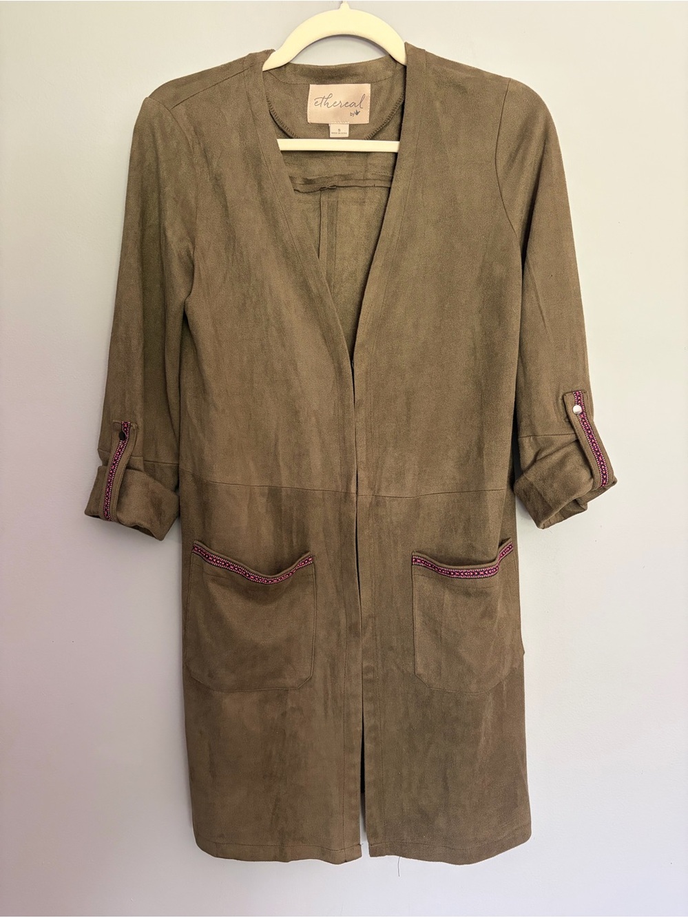 Ethereal Paper Crane Duster Jacket Sz S Olive Microsuede Faux Suede Embroidered